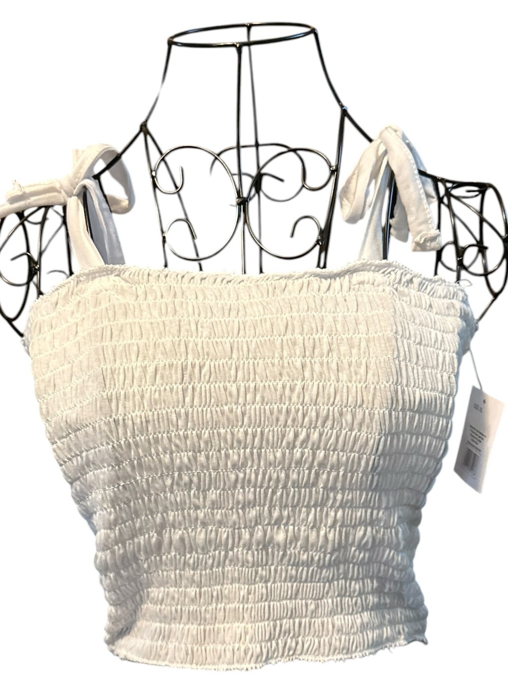 White Smocked Tie-Shoulder Crop Top - style 5